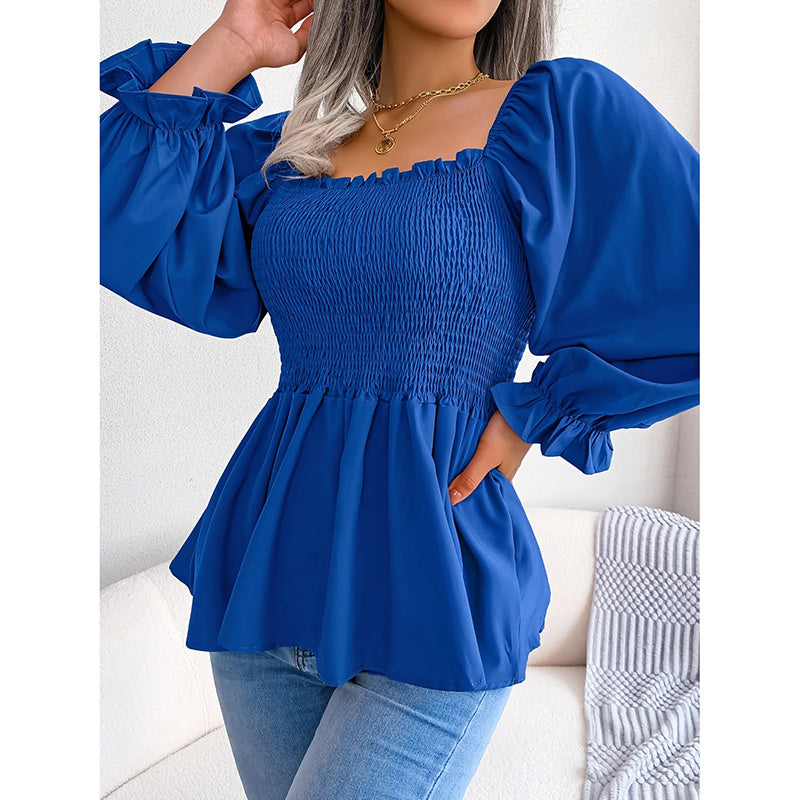 Women's Square Neck Smocked Peplum Blouse – Ruffle Trim, Long Sleeve