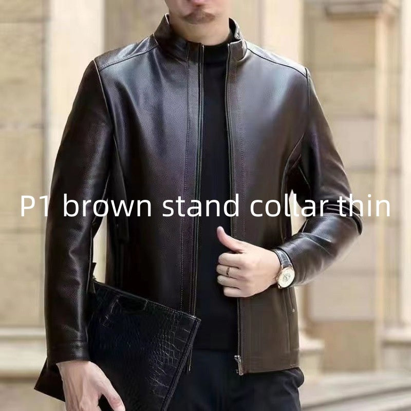 Men's Fleece-Lined Leather Jacket with Stand Collar
