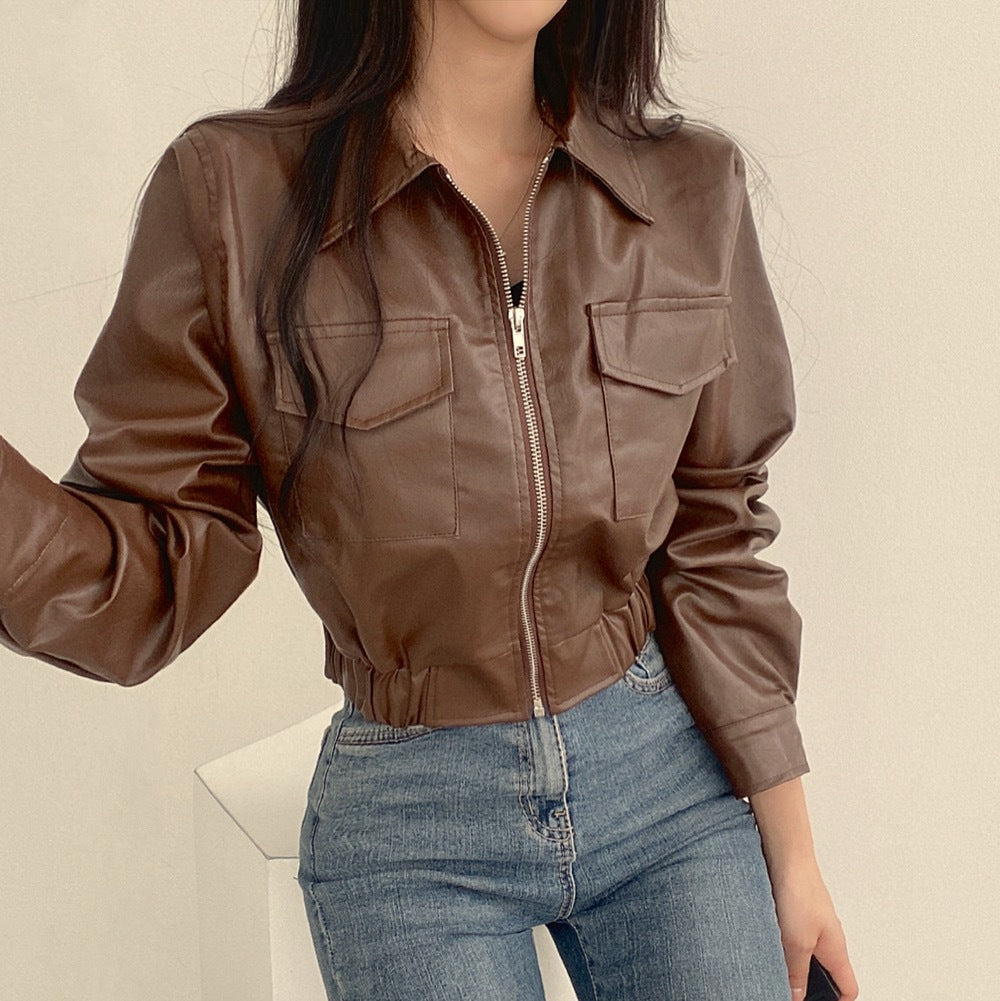 Women’s Double Pocket Faux Leather Lapel Coat