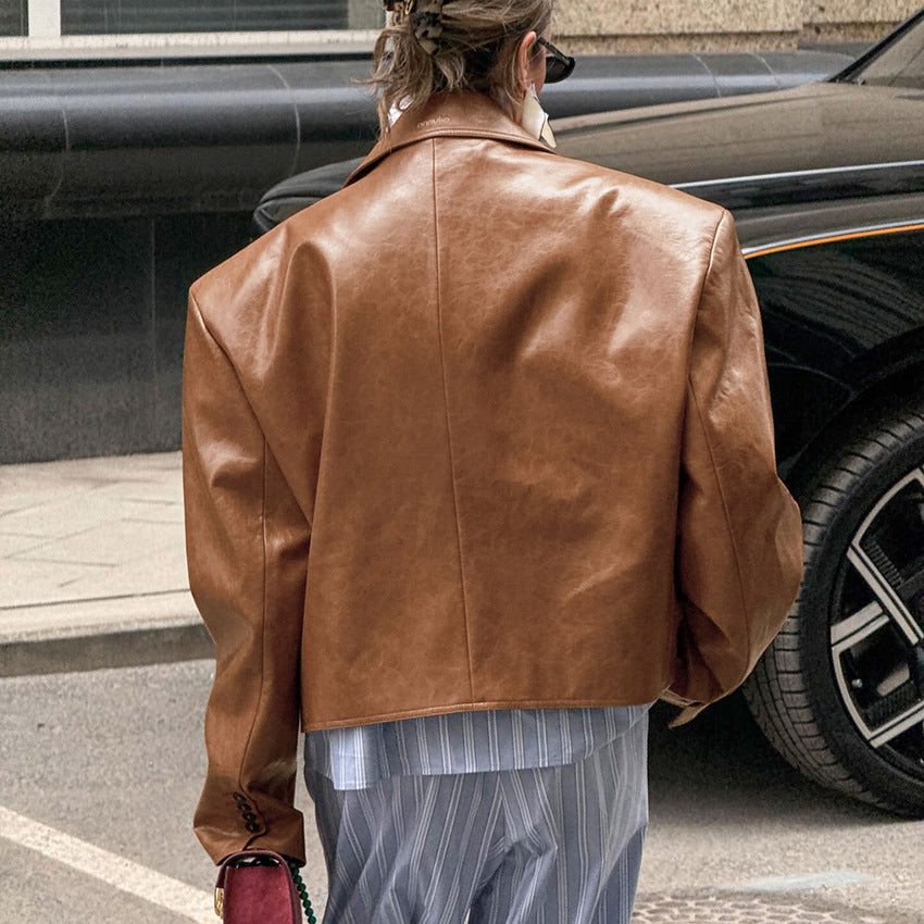 Suit Collar PU Leather Jacket Coat for Women