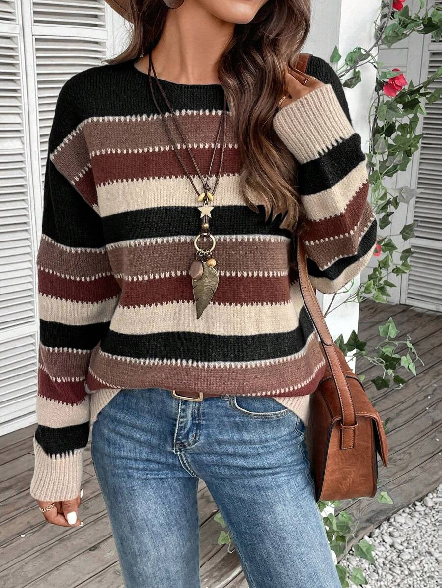 Women's Striped Pullover Sweater – Casual Long Sleeve Top
