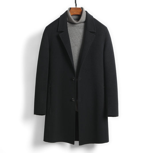 Male Solid Color Worsted Wool Mid-length Slim-fit Coat