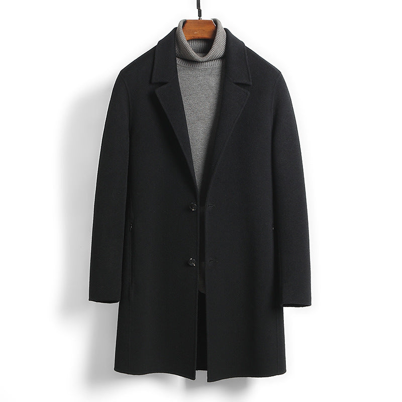 Male Solid Color Worsted Wool Mid-length Slim-fit Coat