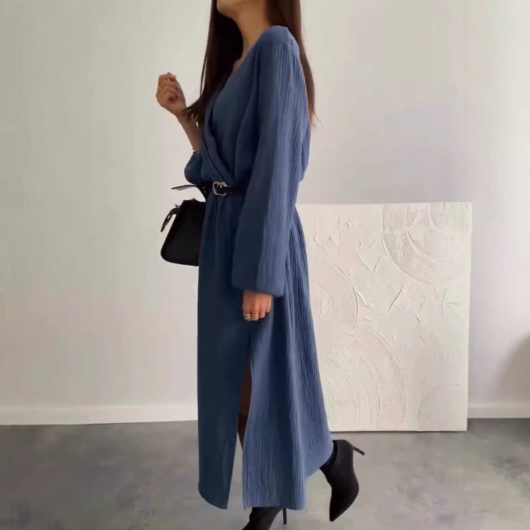 Women’s Long Sleeve Solid Color Dress with Waist Tie