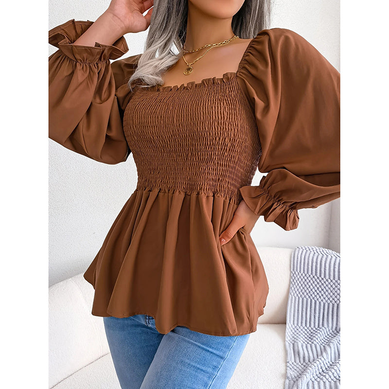 Women's Square Neck Smocked Peplum Blouse – Ruffle Trim, Long Sleeve