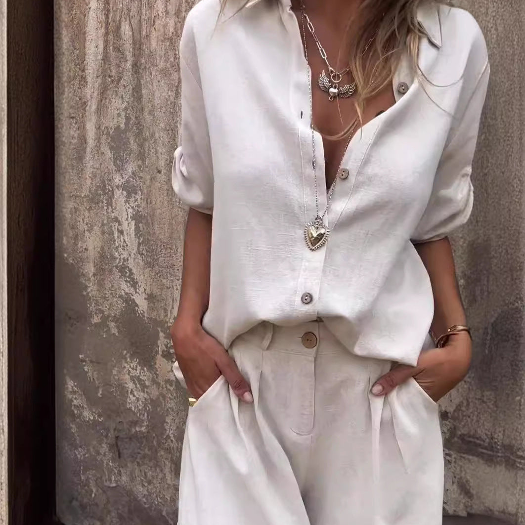 Women’s Short-Sleeve Lapel Button Shirt & Pocket Shorts Set