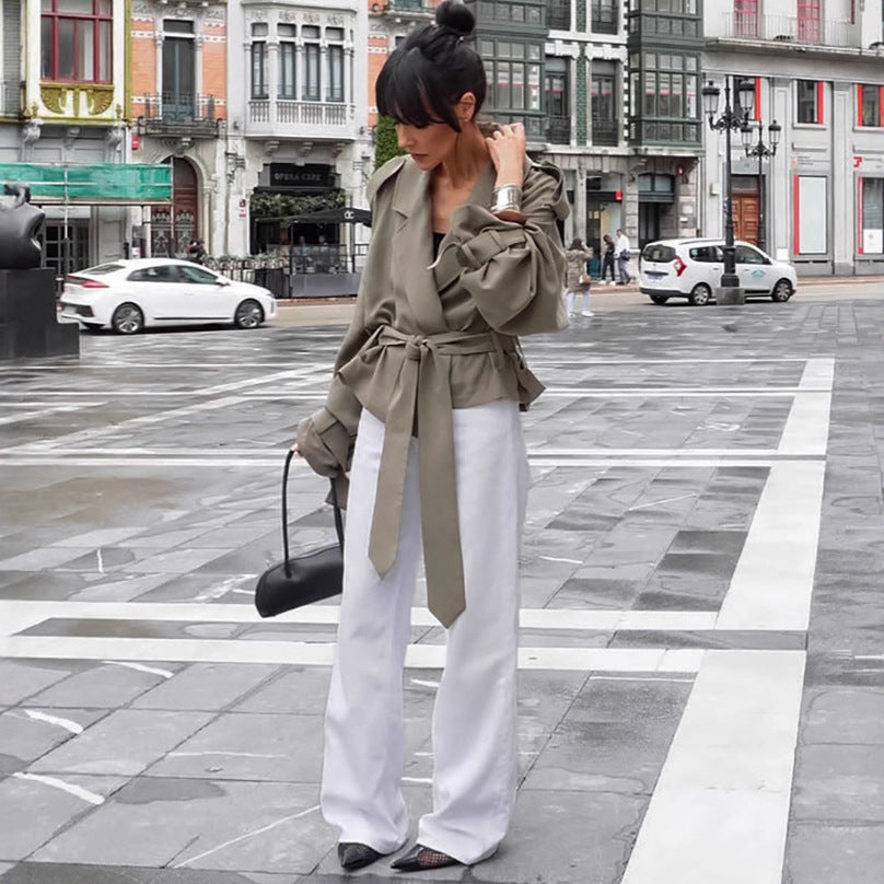 Women’s Lapel Lace-Up Trench Coat – Fashionable Long Jacket