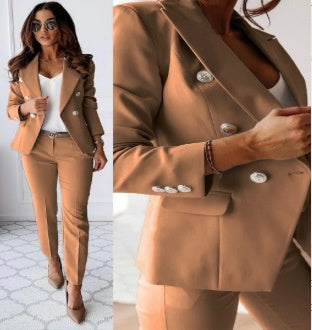 Women’s Casual Suit Set – Lapel Button-Down Jacket & Slim-Fit Trousers