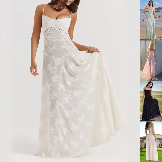 Sexy Flowers Lace Suspender Dress – Summer Slim Back Lace-Up Long Dress for Evening & Party