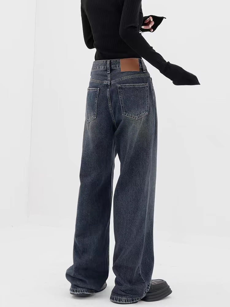 Retro Dark Blue Baggy Wide-Leg Jeans – High Waist Straight Fit