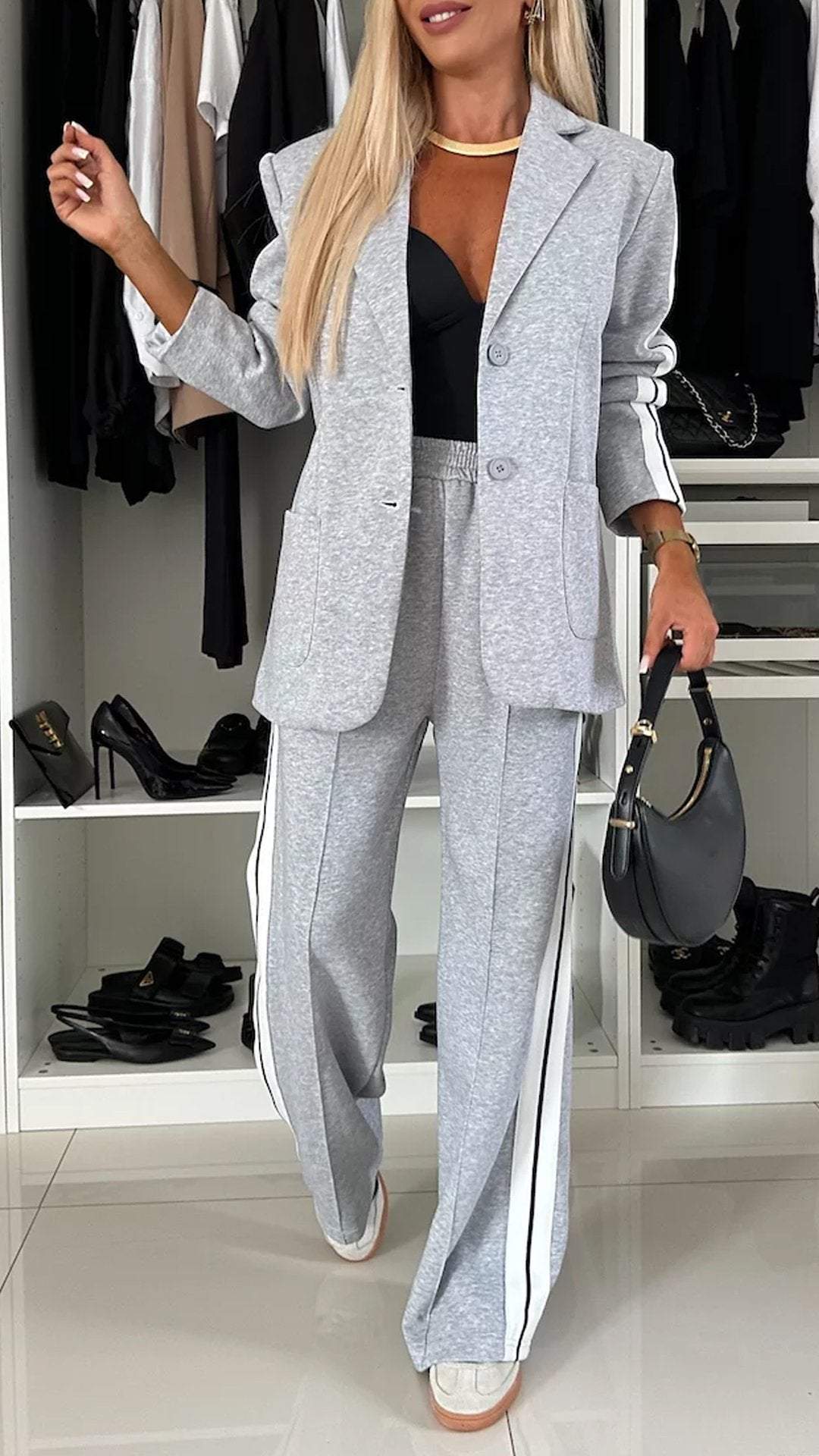 Women’s Casual Lapel Suit – Single-Breasted Jacket & Striped Straight Pants, Fashion Sports Trousers Set