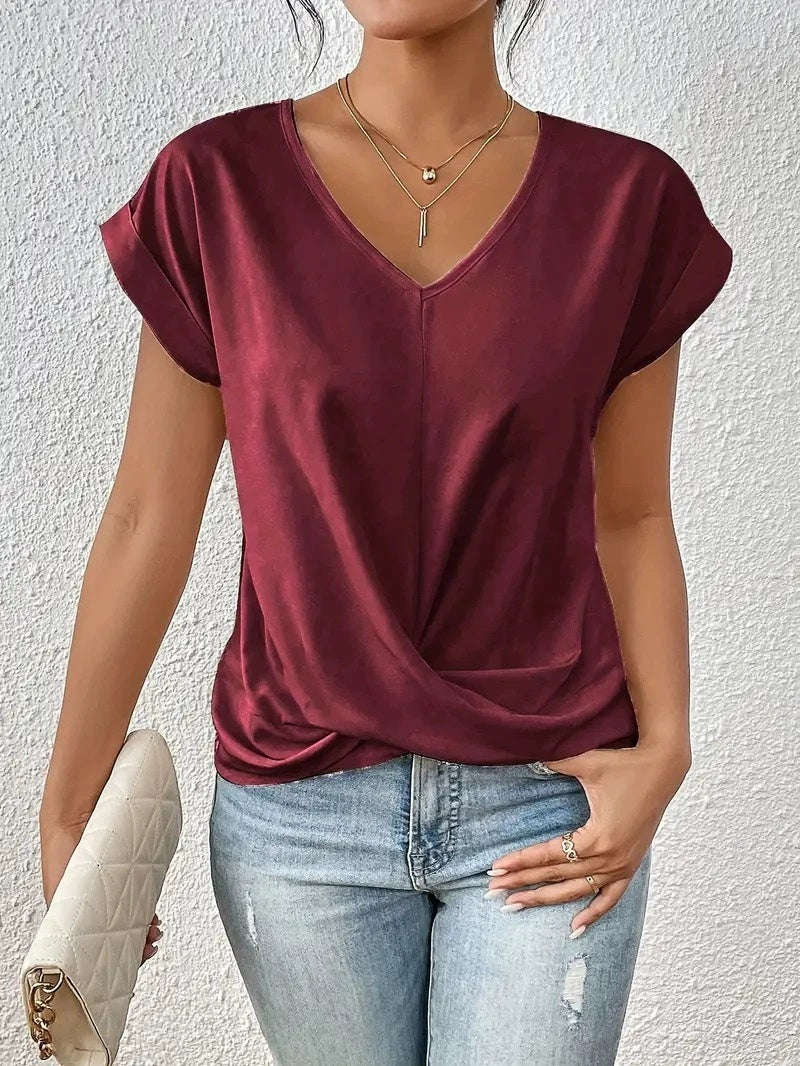 Women’s Irregular Knot V-Neck T-Shirt – Casual Short Sleeve Top