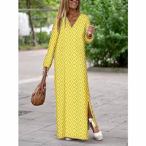 Summer Geometric V-Neck Long Sleeve Slit Dress for Women