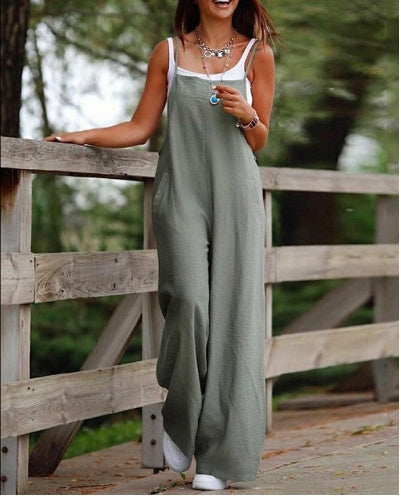 Women’s Sleeveless Jumpsuit – Loose Wide-Leg Overalls with Pockets & Adjustable Straps, Summer Beach Outfit