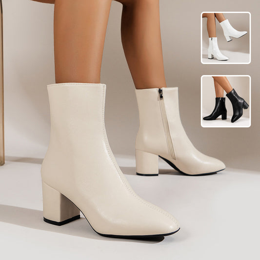 Women’s Chunky Heel Mid-Calf Boots – Pointed Toe, Side Zipper, Fashionable & Comfortable Shoes