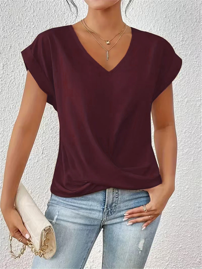 Women’s Irregular Knot V-Neck T-Shirt – Casual Short Sleeve Top