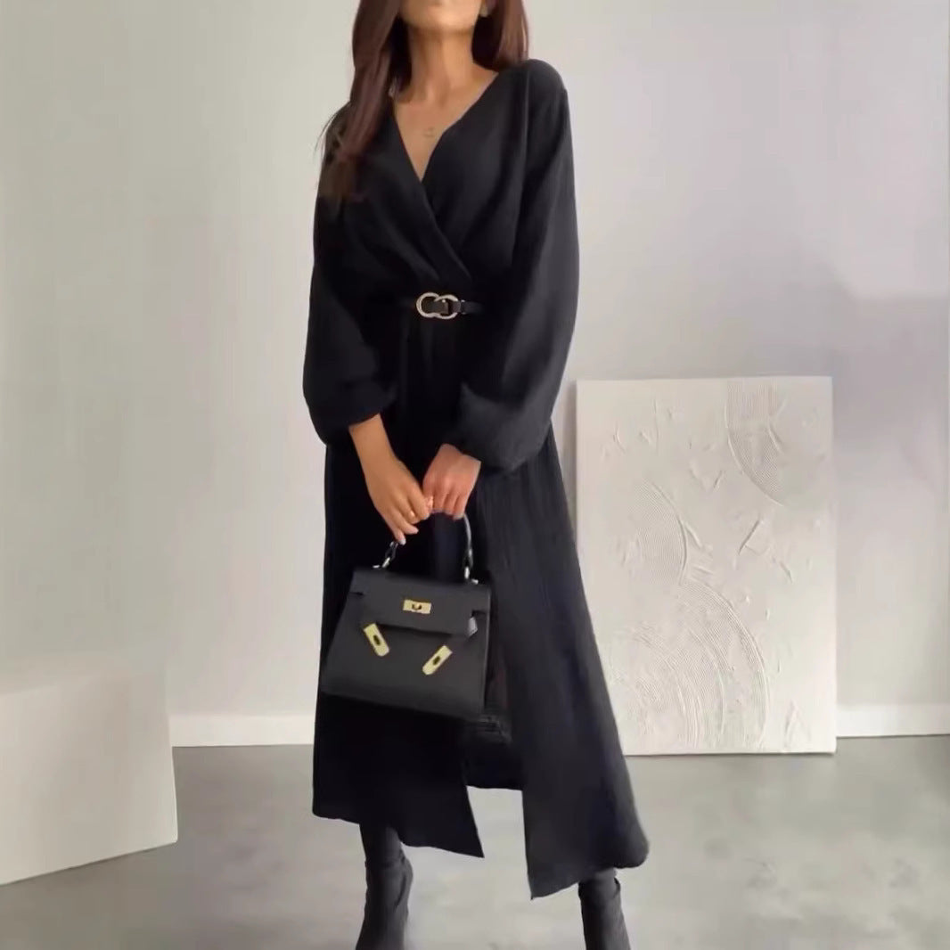 Women’s Long Sleeve Solid Color Dress with Waist Tie