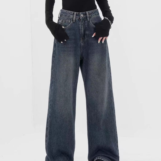 Retro Dark Blue Baggy Wide-Leg Jeans – High Waist Straight Fit