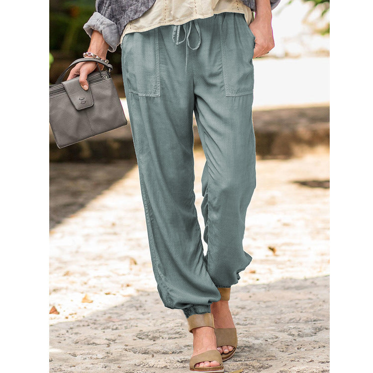 Lace-up Trousers – Cross-border Solid Color Stretch Waist Pocket Slacks