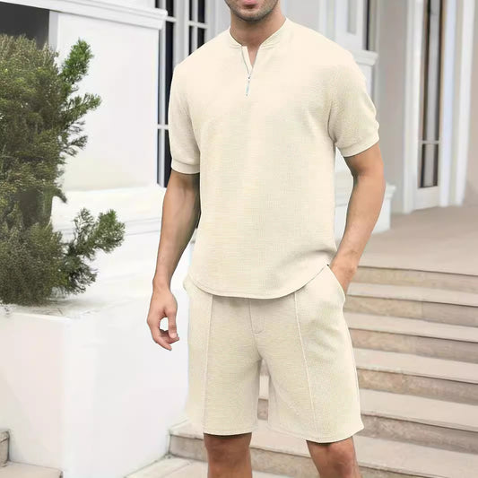 Waffle Stand Collar Zipper Short Sleeve Suit