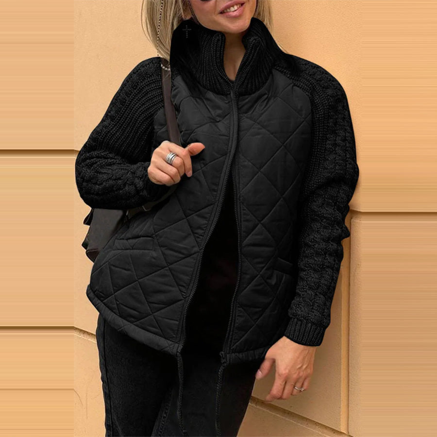 Winter Stand Collar Cotton Jacket with Pockets – Women’s Knitted Zipper Coat