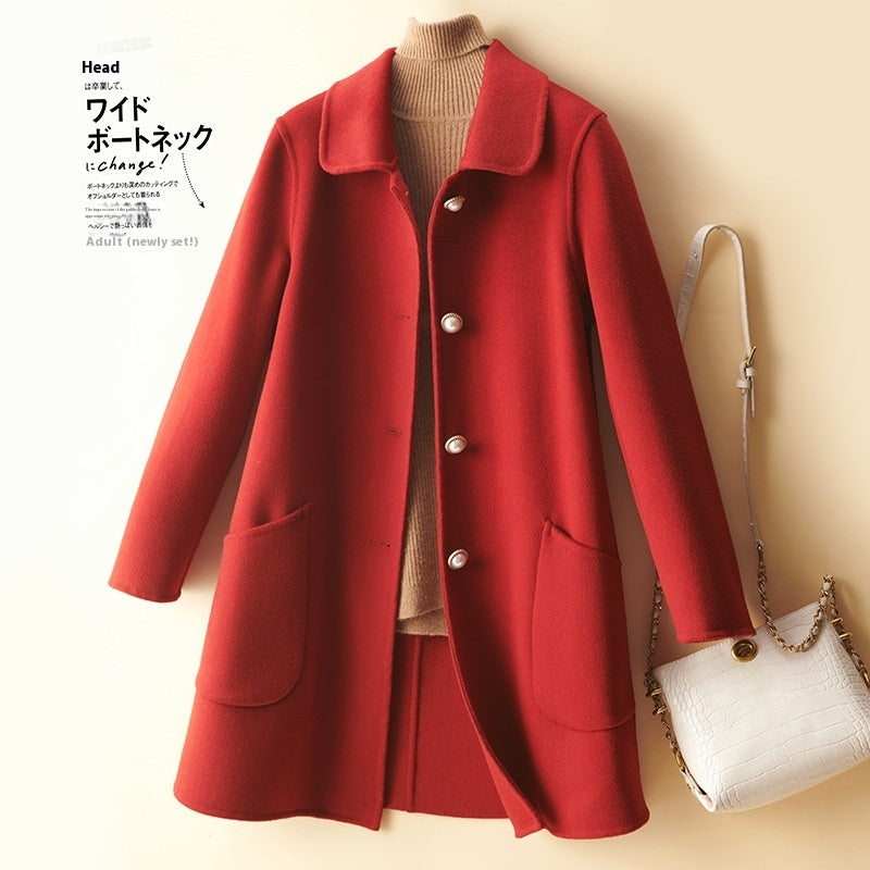 Wool Pearl Buckle Double-Faced Woolen Coat with Doll Collar – Women’s Mid-Length Outerwear
