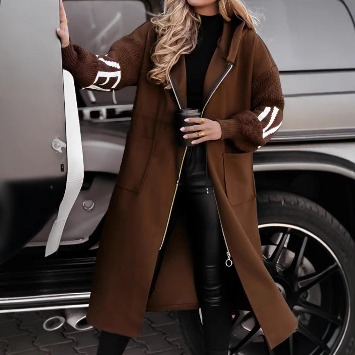 "Women's Hooded Long Windbreaker Jacket with Pockets & Knit Sleeves – Fall/Winter Trench Coat"