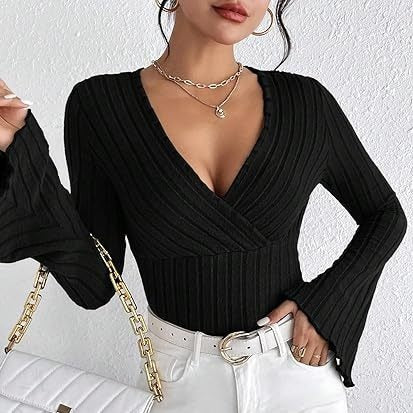 Women’s Autumn Winter Ribbed Stripe V-Neck Flared Slim-Fit Long Sleeve Top – Elegant Stylish Tee