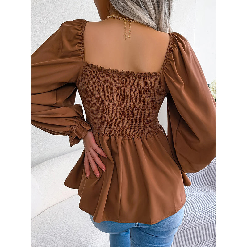 Women's Square Neck Smocked Peplum Blouse – Ruffle Trim, Long Sleeve