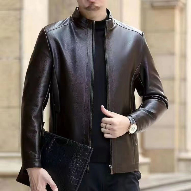 Men's Fleece-Lined Leather Jacket with Stand Collar