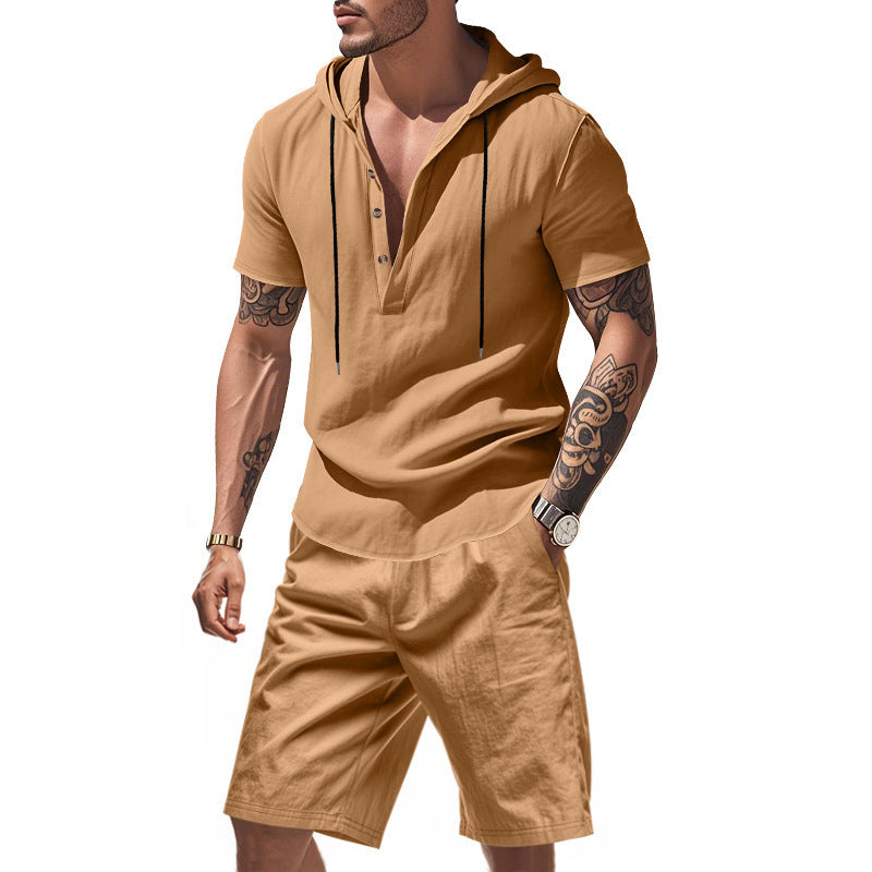 Men’s Summer Linen Two-Piece Set – Hooded Short Sleeve Top & Shorts