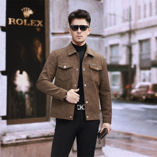 Suede Leather Jacket Men's Slim-fit High-grade Pu Handsome Retro Biker's