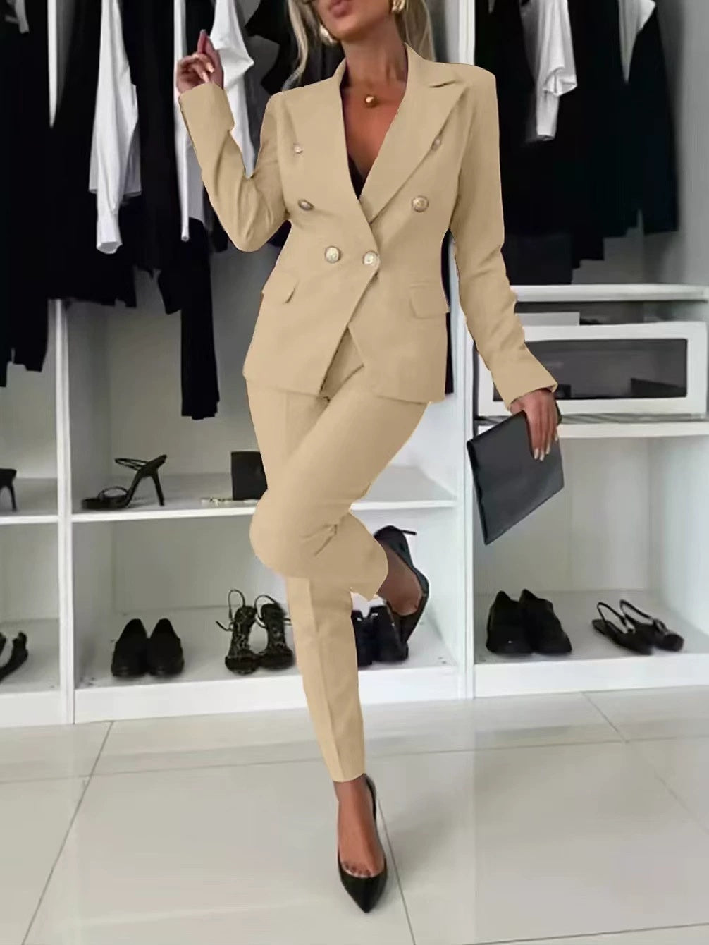 Women’s Casual Suit Set – Lapel Button-Down Jacket & Slim-Fit Trousers