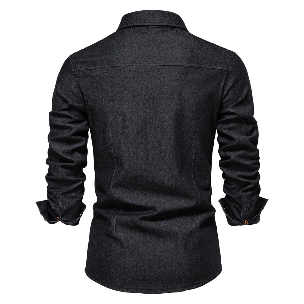 Men’s Long-Sleeved Denim Shirt – Casual Slim Fit Button-Up Top