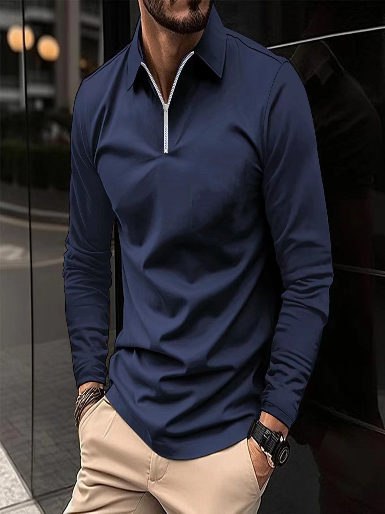Men's Long Sleeve Zipper Polo Shirt – Solid Color, Lightweight Sportswear, Casual Golf Top