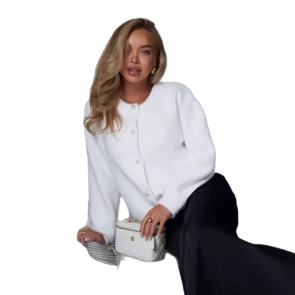 Soft Glutinous Knitted Coat – White Round Neck Long Sleeve