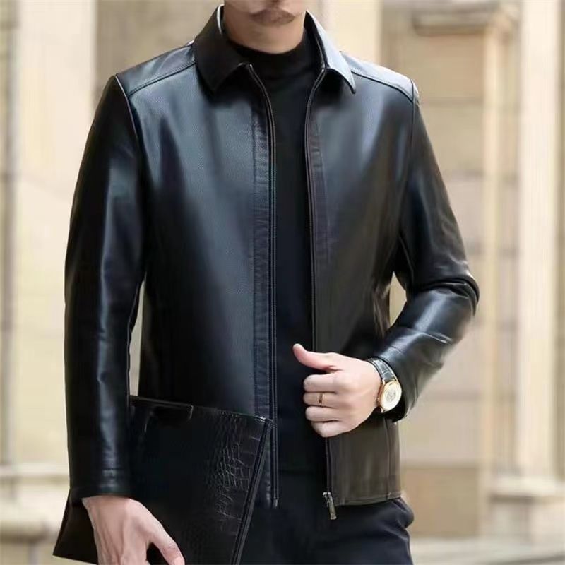 Men's Fleece-Lined Leather Jacket with Stand Collar