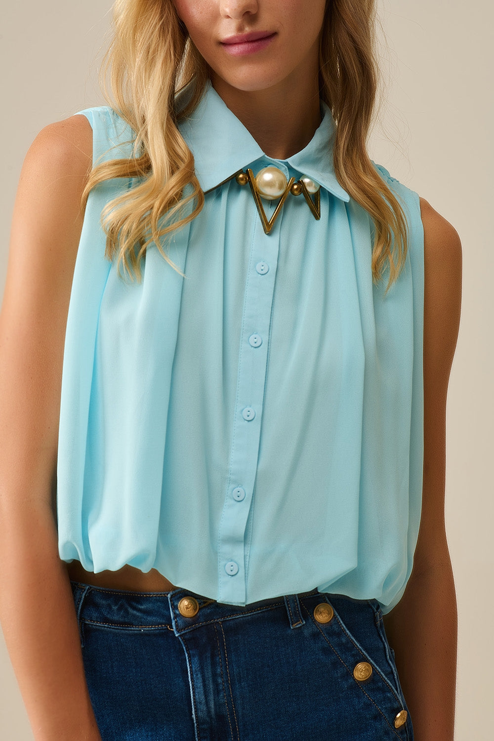 Baby Blue Chiffon Blouse With Pleats at the Hem