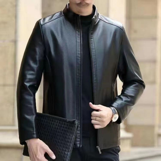 Men's Fleece-Lined Leather Jacket with Stand Collar
