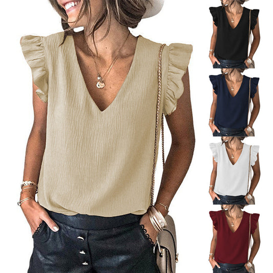 Women's V-neck Pullover Ruffled Sleeve Top