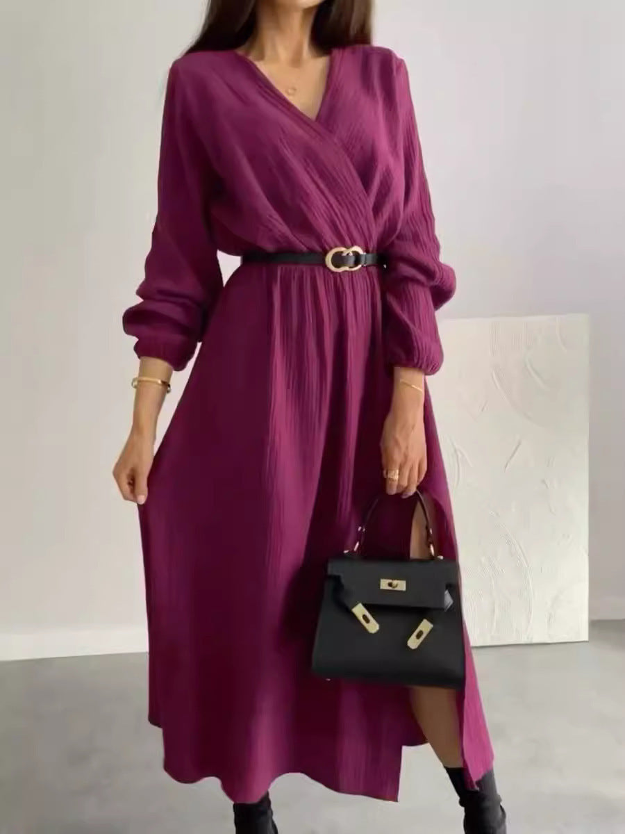 Women’s Long Sleeve Solid Color Dress with Waist Tie