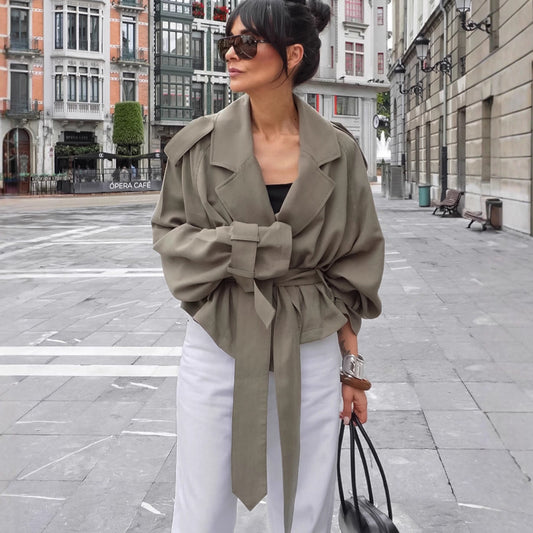 Women’s Lapel Lace-Up Trench Coat – Fashionable Long Jacket