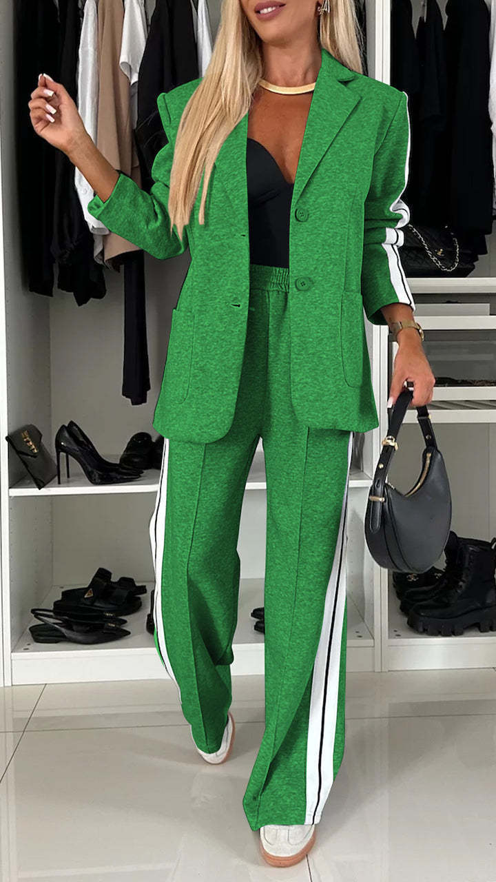 Women’s Casual Lapel Suit – Single-Breasted Jacket & Striped Straight Pants, Fashion Sports Trousers Set