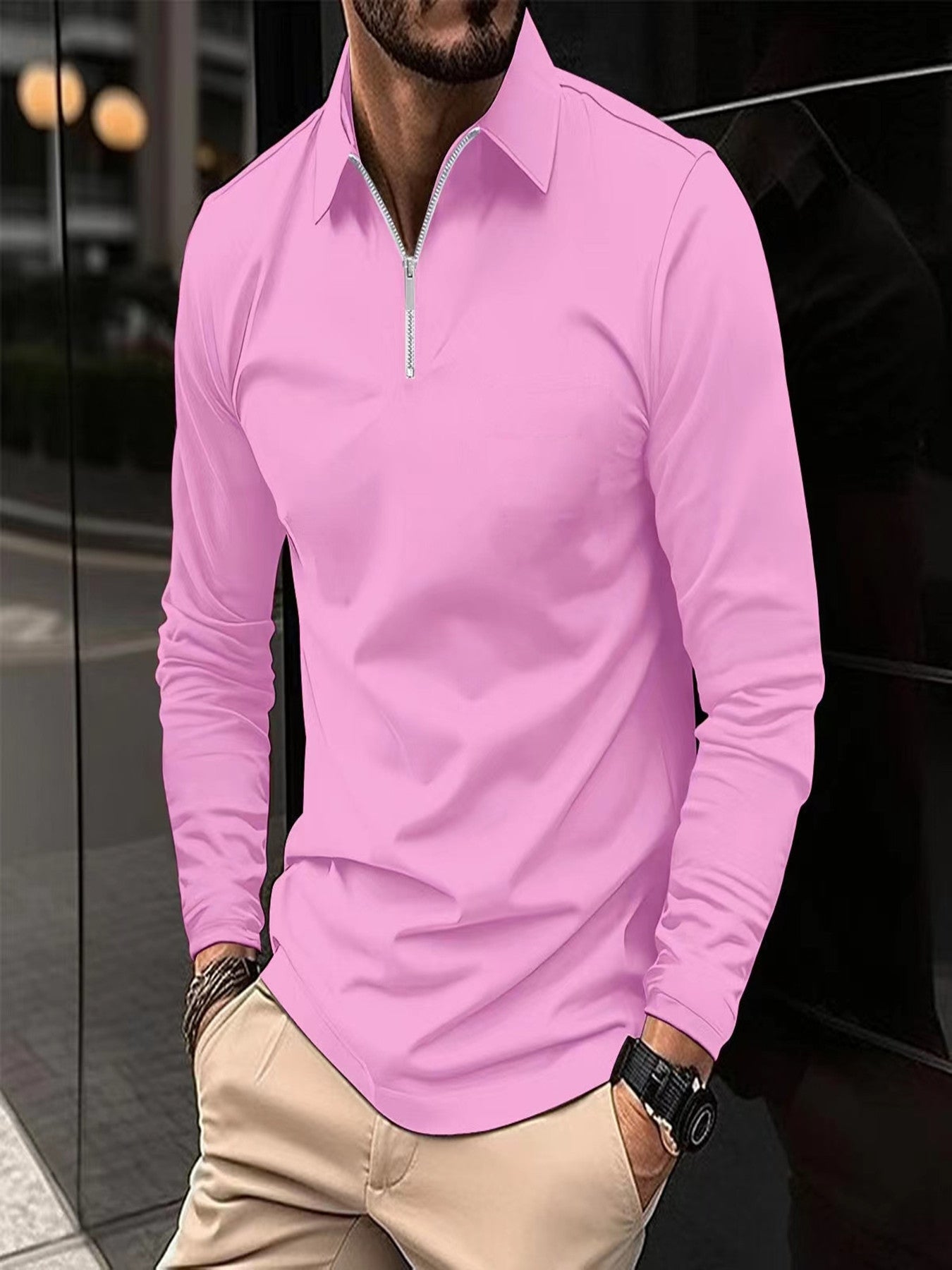 Men's Long Sleeve Zipper Polo Shirt – Solid Color, Lightweight Sportswear, Casual Golf Top