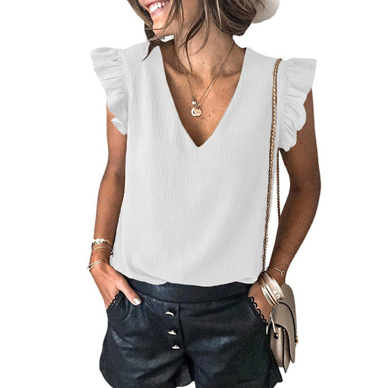 Women's V-neck Pullover Ruffled Sleeve Top