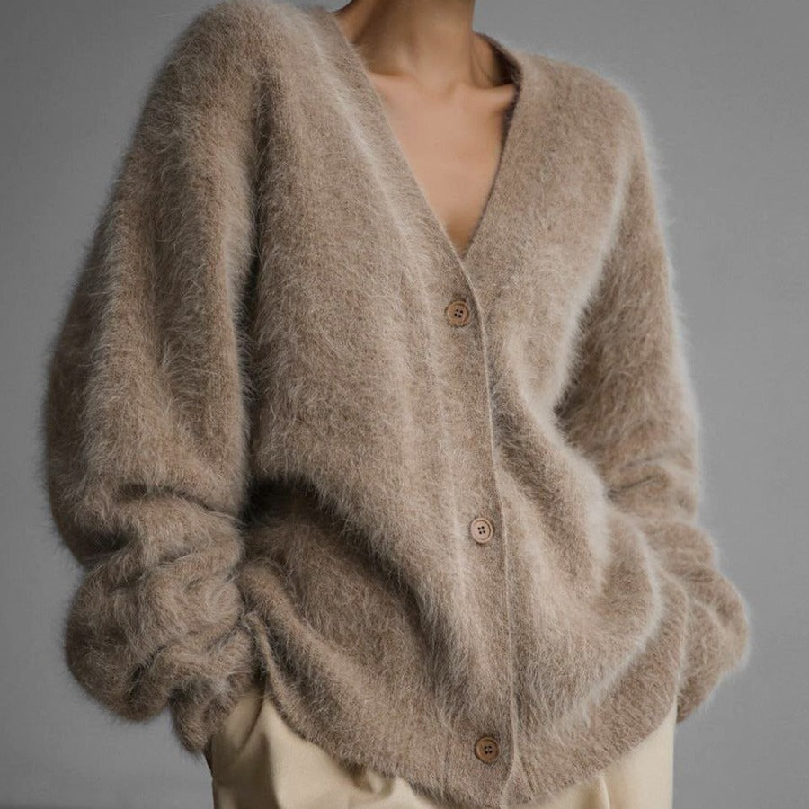 Loose V-Neck Single-Breasted Button Cardigan – Fall Winter Knitted Sweater Top for Women