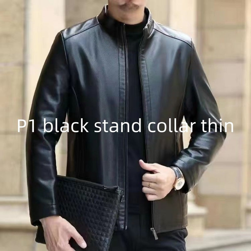 Men's Fleece-Lined Leather Jacket with Stand Collar