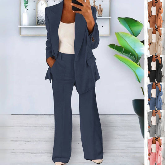 Women's Casual Suit – Long-Sleeved Lapel Blazer with Buttons and Slim-Fit Pocket Trousers