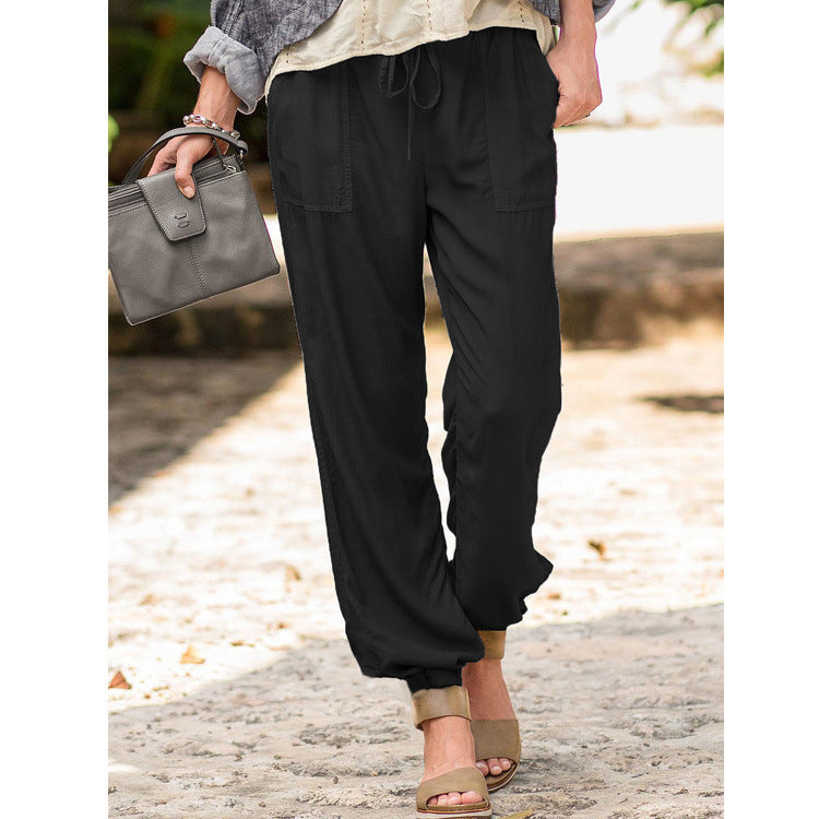 Lace-up Trousers – Cross-border Solid Color Stretch Waist Pocket Slacks