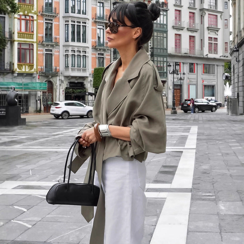 Women’s Lapel Lace-Up Trench Coat – Fashionable Long Jacket